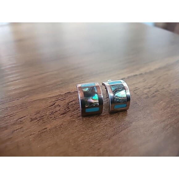 Vintage Sterling Silver Earrings Hoop Pierced Turquoise Abalone Inlay - Picture 5 of 12
